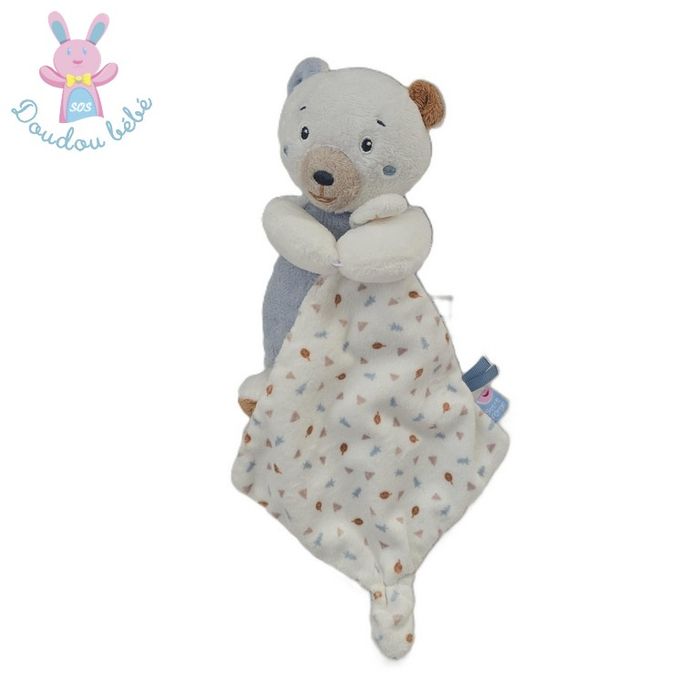 Doudou Ours blanc bleu mouchoir triangles feuilles SUCRE D'ORGE
