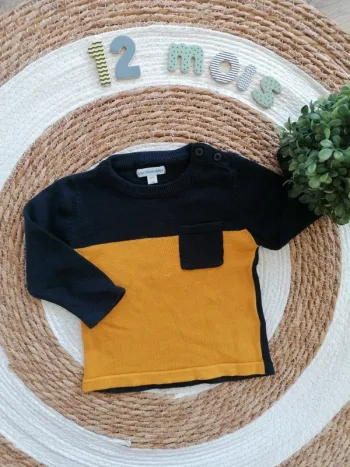 Pull bleu marine & jaune moutarde - Vertbaudet - 12 mois