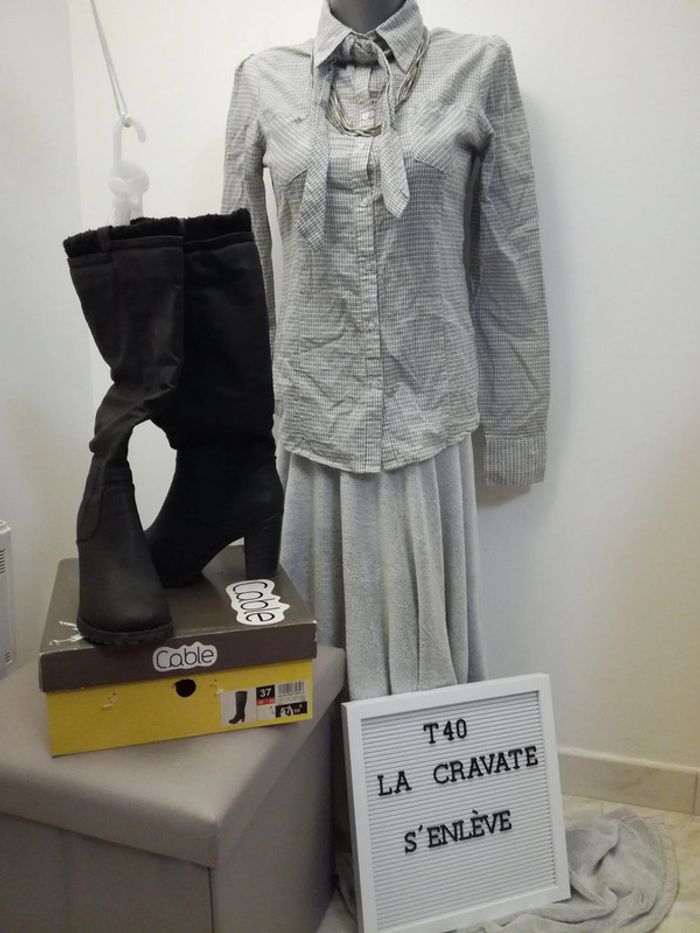 Chemise femme Jennyfer carreaux gris taille L avec cravate