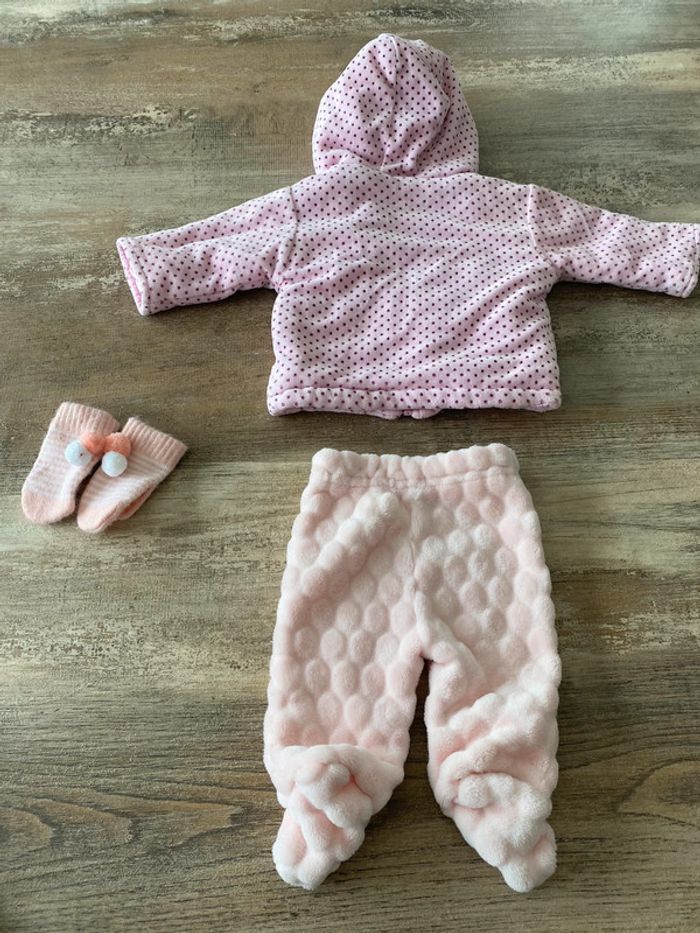 Ensemble 1 mois bébé fille veste manteau + pantalon + gants moufle - photo numéro 2
