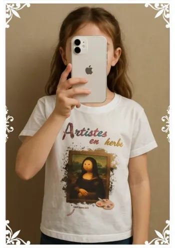 🎨 T-shirt “Artistes en herbe”  Taille 8 ans Édition Mona Lisa remixée ! 🎨
