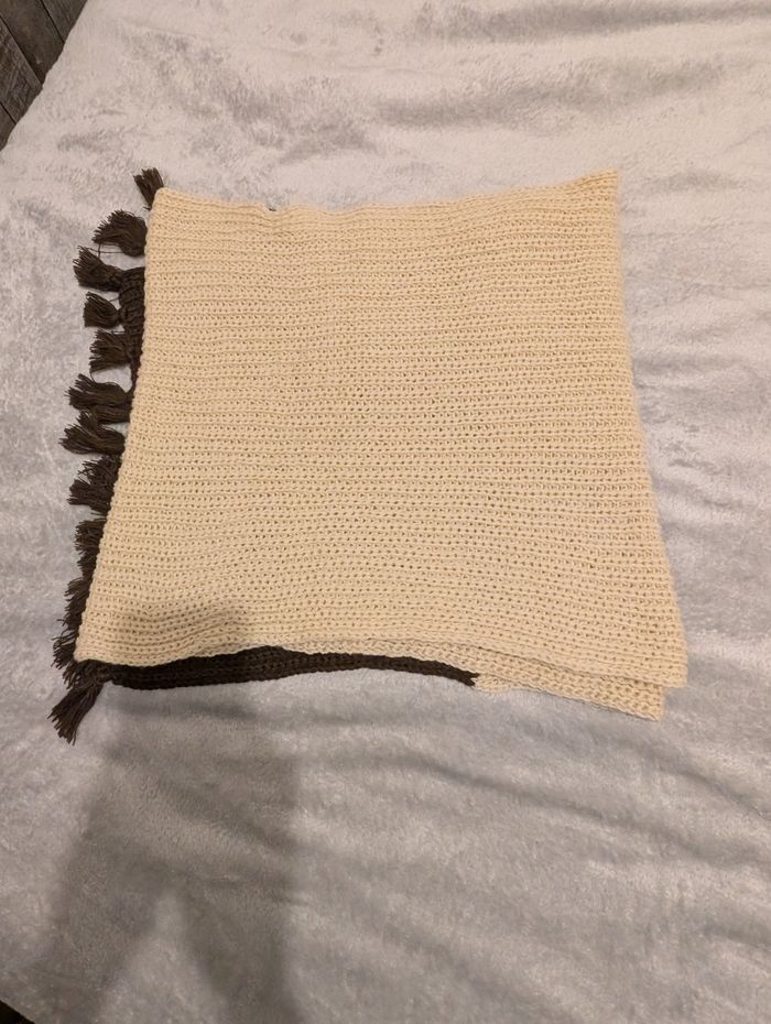Écharpe  Épaisse Crochet Bicolore Écru/Marron Franges Hiver Chaud - photo numéro 3