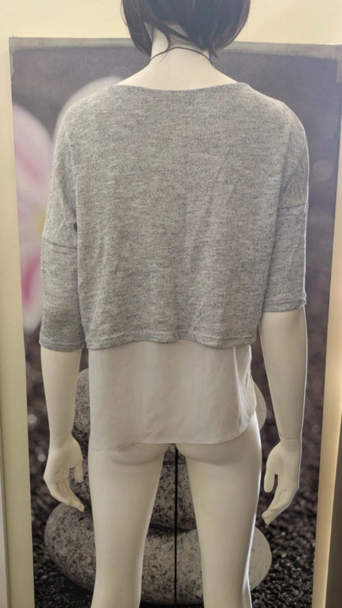 Haut pull léger manche 3/4 gris et blanc - photo numéro 3