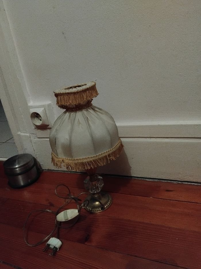 Petite lampe de table ancienne pied cristal laiton Abat-Jour a franges style 70/80 - photo numéro 2