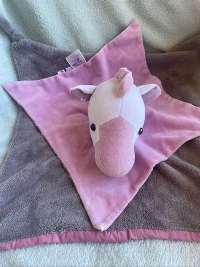 Doudou plat cheval gris rose fleurs - photo numéro 2