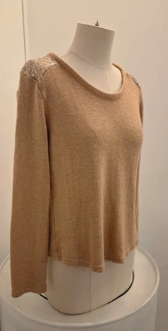 Pull Mim femme – couleur camel pailleté avec sequins épaules - photo numéro 2