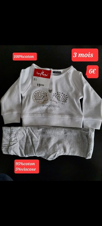 Pantalon gris et pull blanc fille 3 mois 