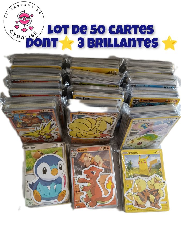 Lot de 50 Cartes Pokemon sans Double Dont 3 Brillantes + des autocollants