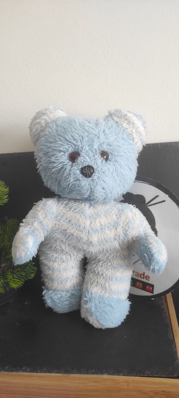 doudou peluche ours bleu blanc rayé rayure ancien vintage koala Bille Marron