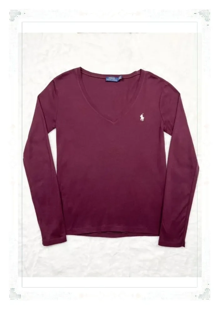 T-shirt manches longues Ralph Lauren femme coton rouge bordeaux col V taille M - photo numéro 2