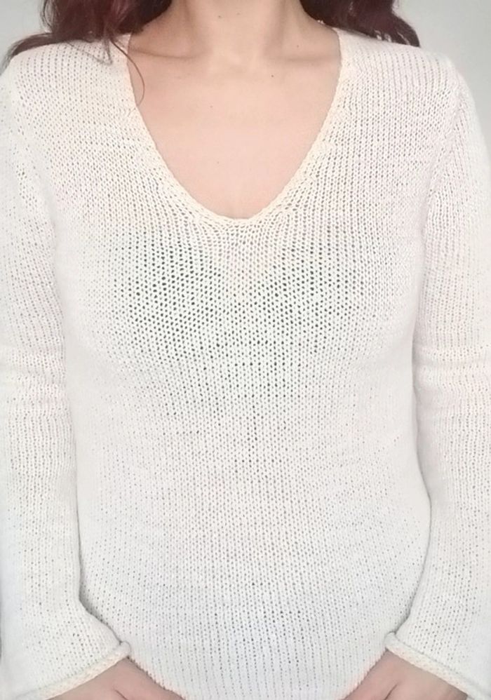 Pull crochet crème col V Camaïeu taille 38 - photo numéro 3