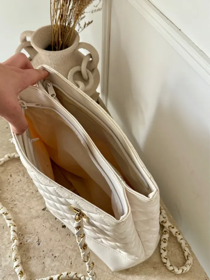 Sac blanc femme chaînes doré or matelassés blanc chaînes doré or zip bandoulière à main borsa - photo numéro 4