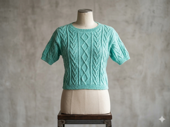 Pull en coton manches courtes vert avec torsades Taille unique Tricoté main Phildar Neuf