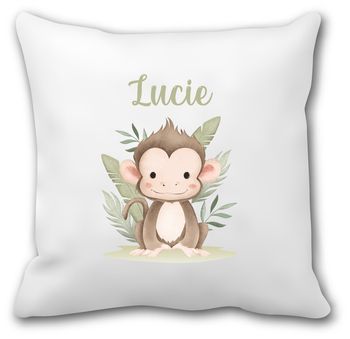 Coussin personnalisé petit singe jungle – Prénom au choix – Rentrée scolaire maternelle – Housse + garniture 40x40 cm – Déco chambre bébé ou enfant