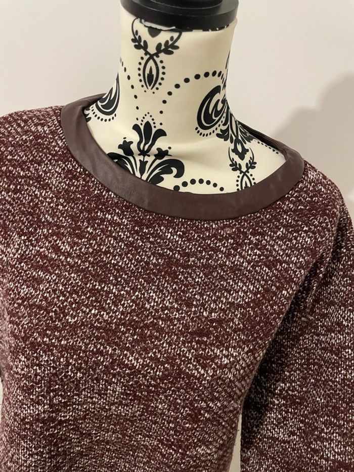 Pull à manches longues bordeaux chiné blanc col et côté en similicuir mango taille S - photo numéro 2