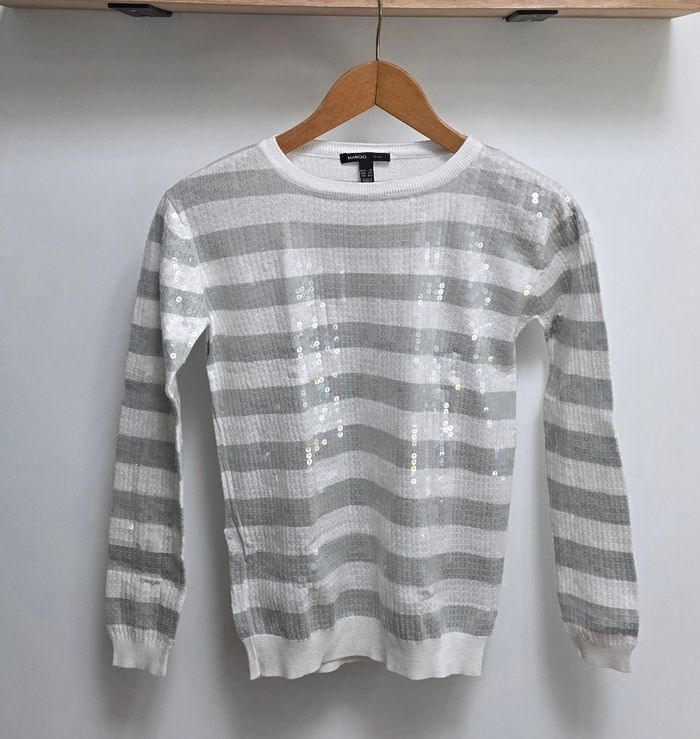 Mango Pull rayé gris et blanc à sequins - Taille XS (34) - photo numéro 1