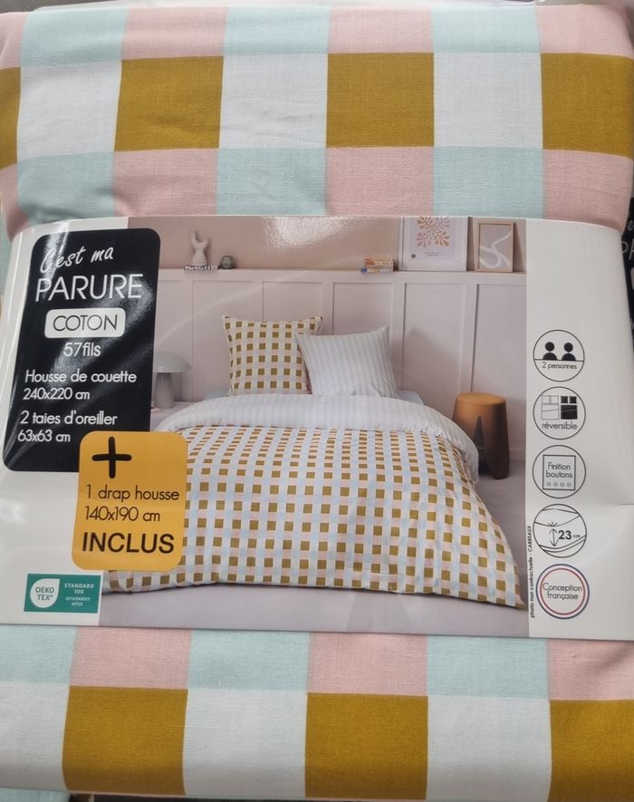 Parure complète housse de couette neuf 220x240 et 2 taies d'oreiller et drap housse 140x190 100% coton