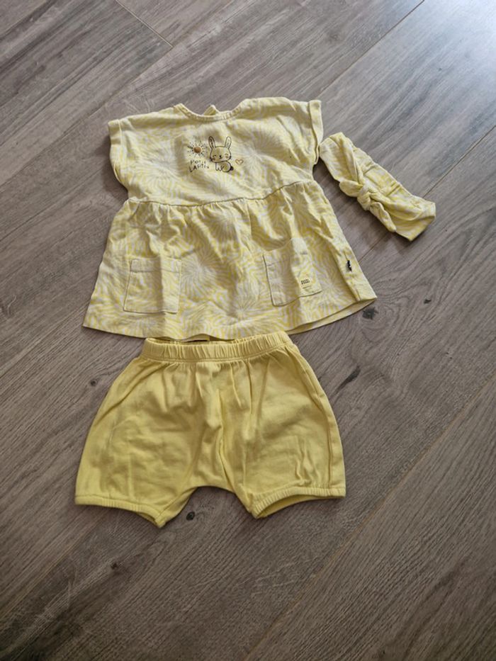 Ensemble bébé fille 3 pièces Tshirt short bandeau jaune blanc T3mois 100% coton TBE sucre d'orge