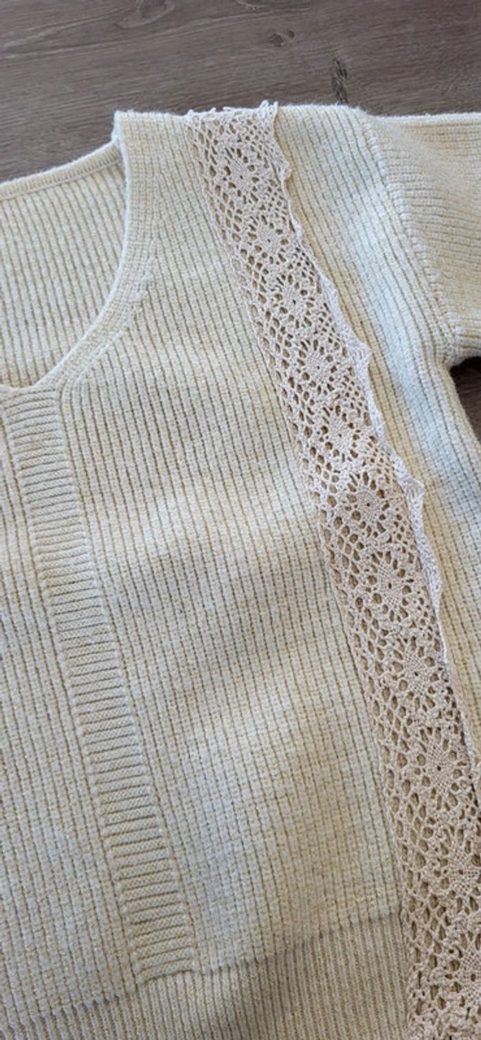 Pull beige pailletée dorée + broderie - photo numéro 2