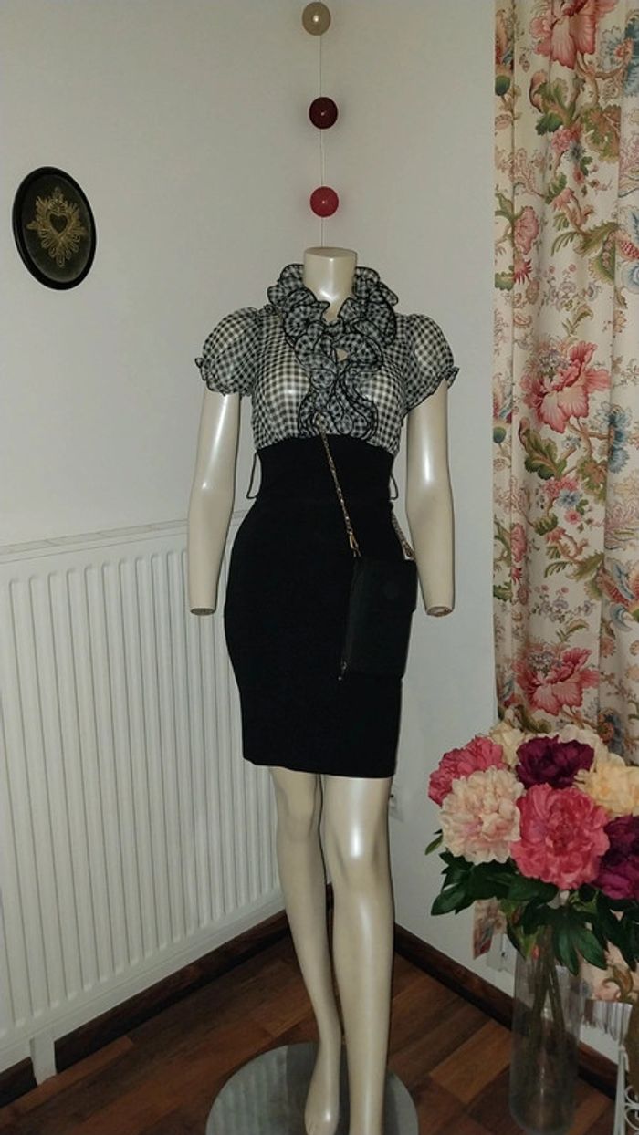 Robe rétro chic bimatiere vichy noir et blanc col jabot by Morgan état neuf taille S - photo numéro 2