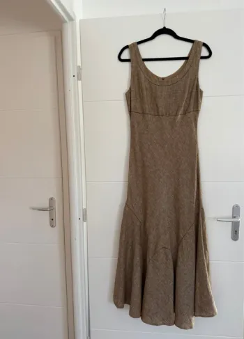 Robe longue marron bretelles été volant zip midi woman donna mujer 40 lin taupe Kleid dress Vestido