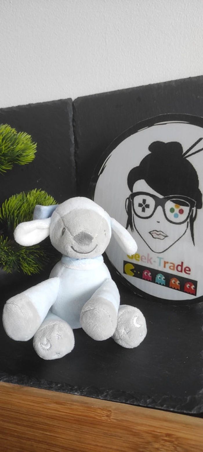 Doudou mouton bleu blanc gris sam toby lune étoile bandana nattou Peluche