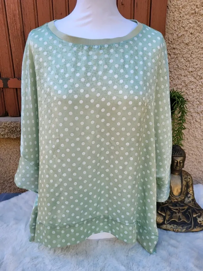 Blouse satiné oversize fluide menthe pois blanc rétro zara taille XL - photo numéro 3