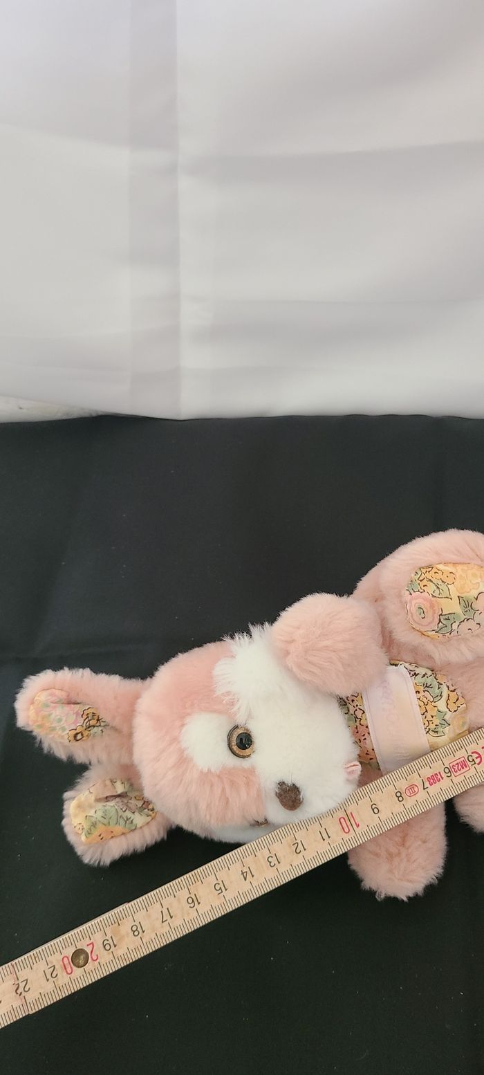DOUDOU PELUCHE NOUNOURS LAPIN vintagevieux rose fleuris langue yeux jaune - photo numéro 6