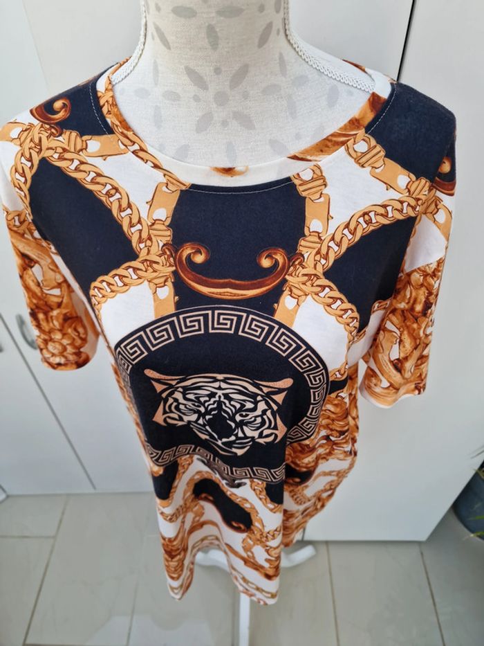 T-Shirt Blanc Noir Imprimé Tigre Chaines Dorés - photo numéro 2