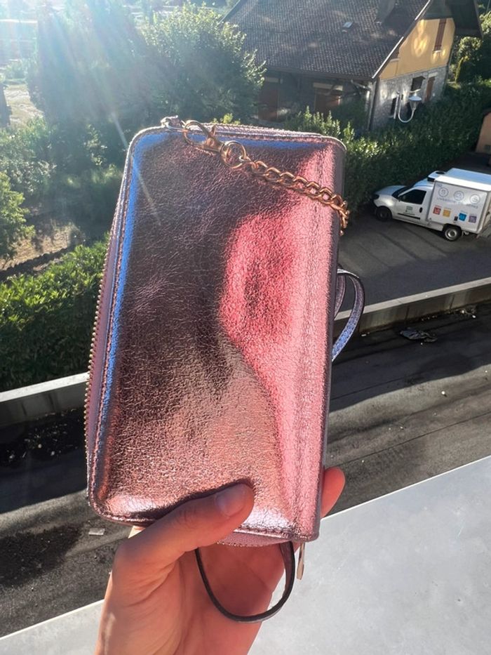Pochette portefeuille métallisée rose melanie avec bandoulière rose dorée - photo numéro 3