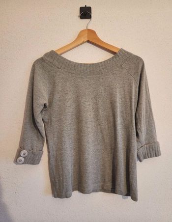 Haut gris col large – Manches 3/4 à boutons – Taille 38 – Kiabi – Très bon état