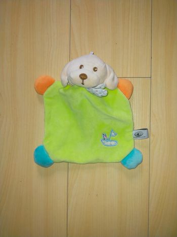Doudou Plat Ours Ecru Bleu Bateau Pattes Orange Jaune Verso Fleurs CP International