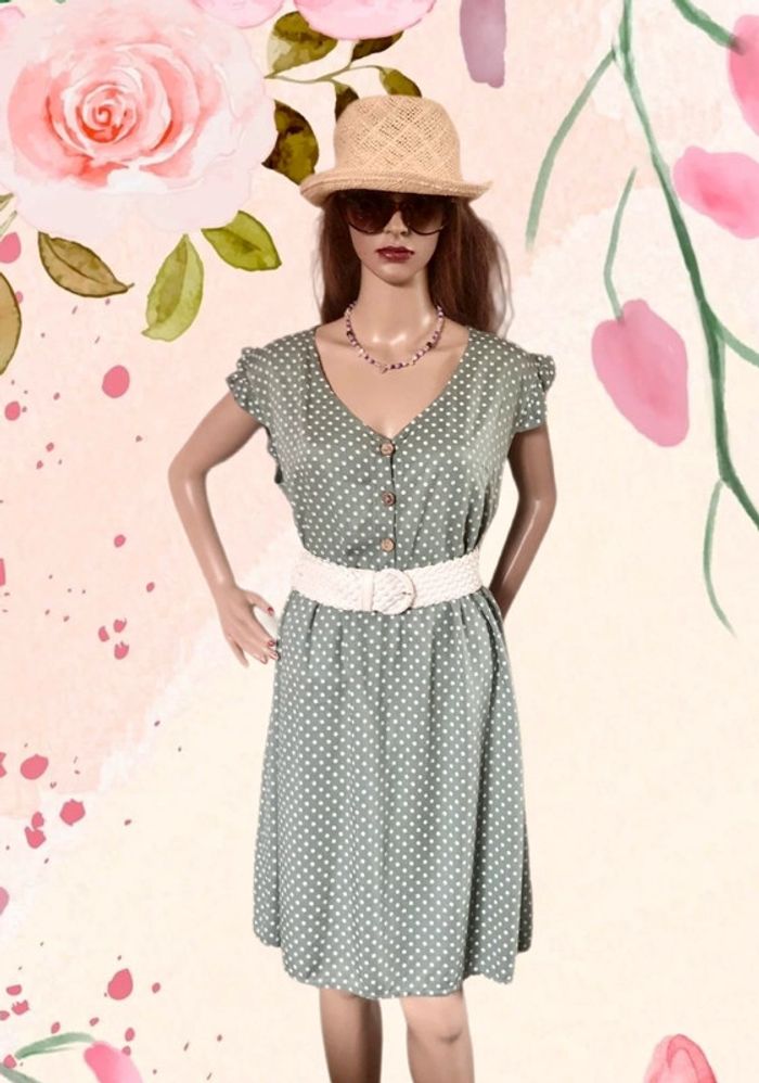 🩶Robe à pois d’été bohème champêtre gris tilleul🌿Linden gray white polka dots dress🩶 - photo numéro 2