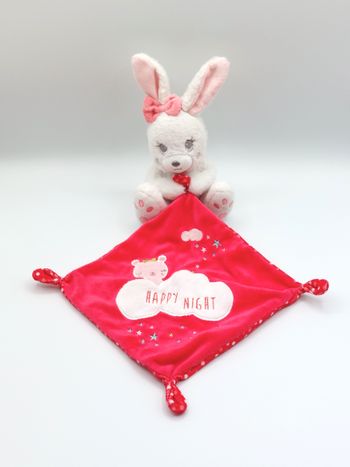 Doudou peluche lapin blanc SIMBA TOYS mouchoir rose fuschia Happy night nuages sos doudou