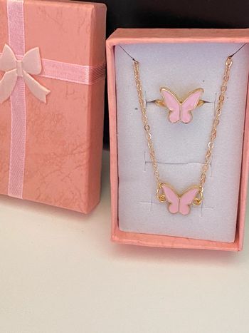 Parure bracelet et bague papillon rose
