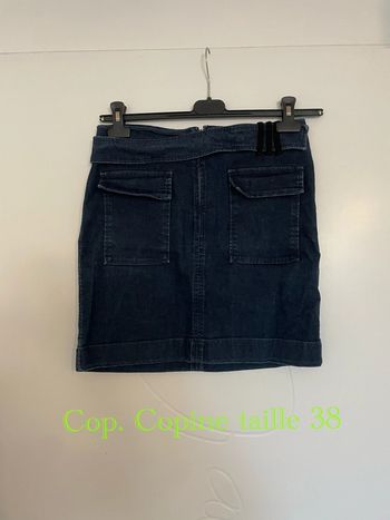 Jupe en jean bleu foncé extensible fausse ceinture poche devant Cop. Copine taille 38