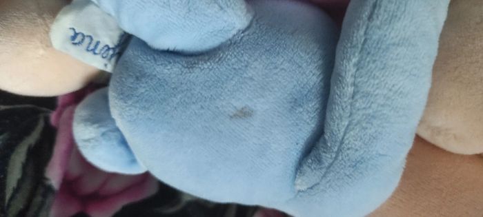 doudou peluche lapin bleu ajena pomme marron beige bébé rayure rayé Noeud rose - photo numéro 4