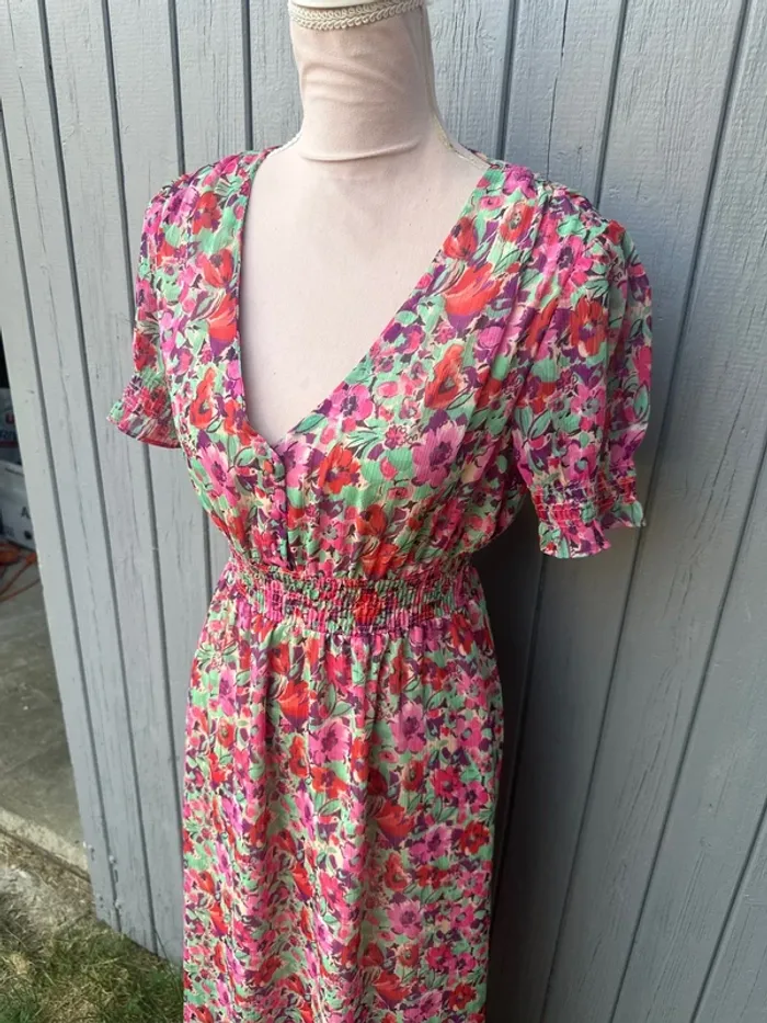 Robe longue été manches courtes fleurie coloré décolleté promod - photo numéro 3