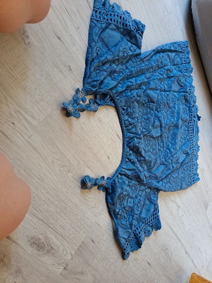 Haut épaule dénudé blouse fleur bleu 42 XL femme - photo numéro 9