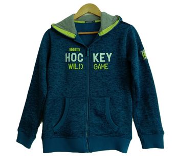 Gilet turquoise multicolore à capuche. Sweat a zip. In extenso. Taille 14 ans.