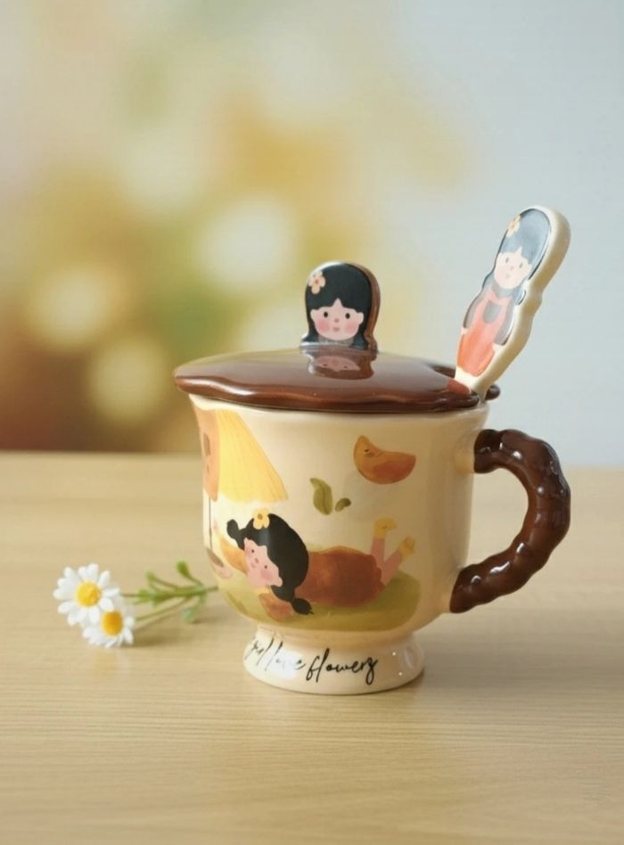 Tasse céramique avec couvercle et cuillère - photo numéro 2