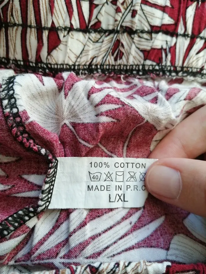 Pantalon large fluide bordeaux motifs feuillages beiges et lien à nouer / sans marque / (L-XL) - photo numéro 5