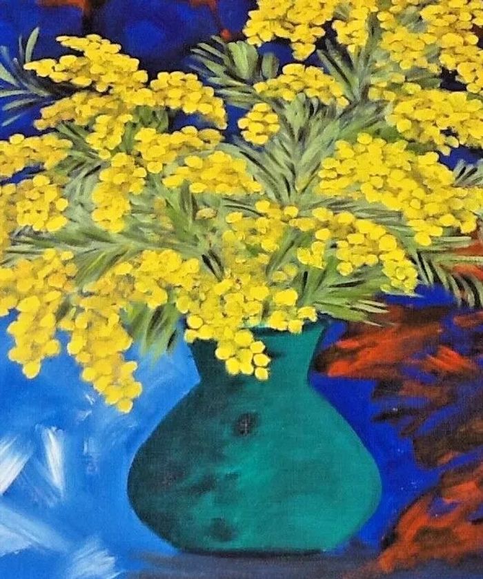 Tableau Huile sur toile   Nature morte " Bouquet de mimosa "  Signé TAF (Gustave Wallet) - photo numéro 7