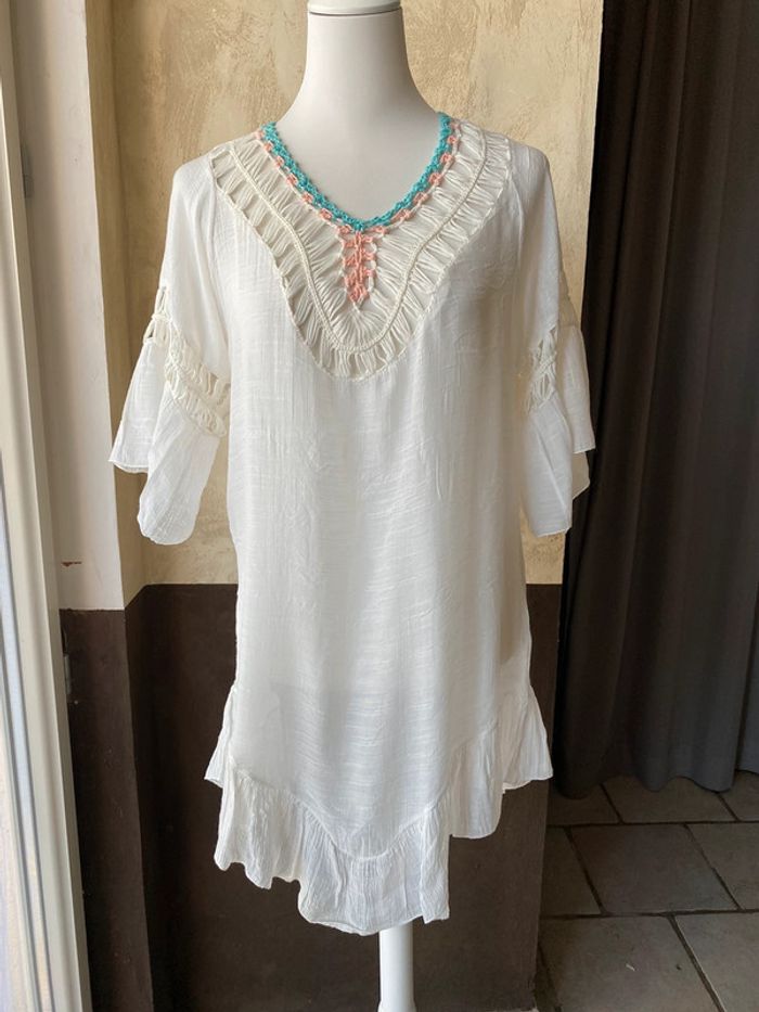Tunique /robe blanche crochet pompons M/L - photo numéro 4