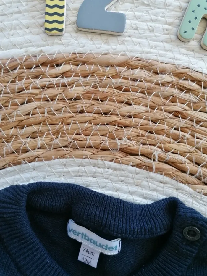 Pull bleu marine & jaune moutarde - Vertbaudet - 12 mois - photo numéro 2