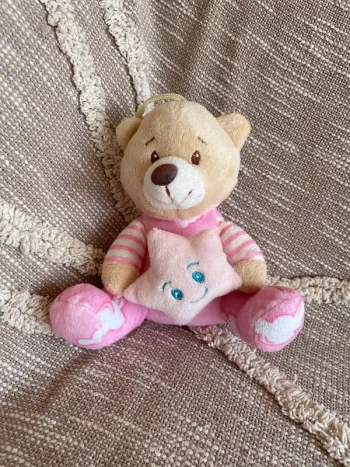 Peluche doudou 18cm ours beige et rose rayé avec étoile très bon état
