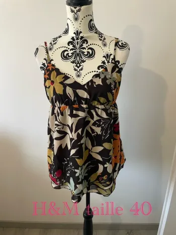 Top débardeur H&M taille 40 marron motif fleuri multicolore
