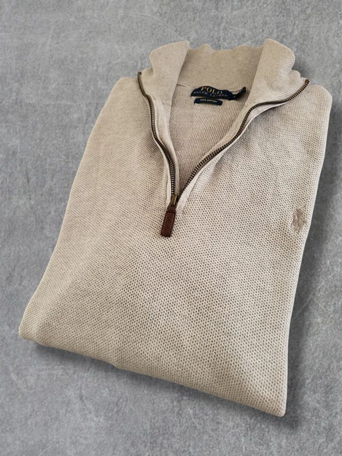 Pull quart zip Ralph Lauren gris pima cotton logo brodé gris 100% coton - XL