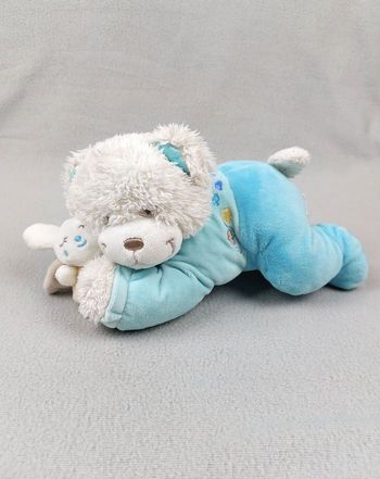 Doudou peluche musicale ours et son doudou lapin TEX bleu blanc nuages