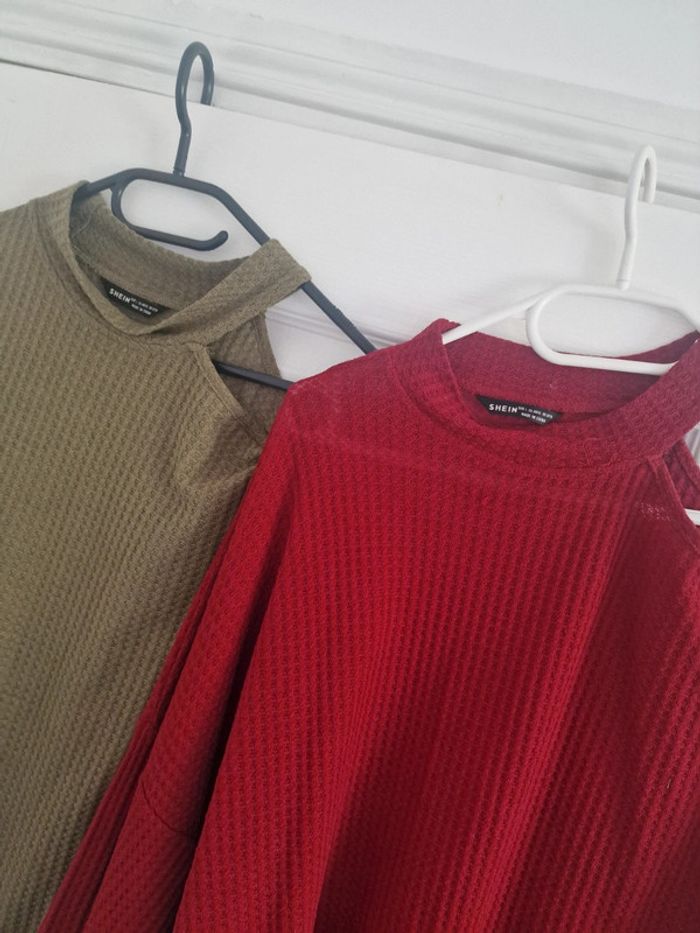 Top maille gaufrée rouge cerise/noir/olive - photo numéro 8